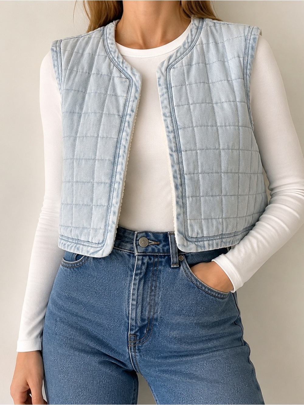 Light Wash Quilted Sherpa Vest - Pale Blue